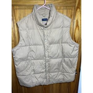 Lands End Vest Mens 2XL Tan Beige Goose Down Puffer Quilted Nylon Outerwear Snap